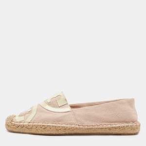 Pre Owned Tory Burch Pink/Off White Canvas and Patent Leather Poppy Espadrille Flats Size 37