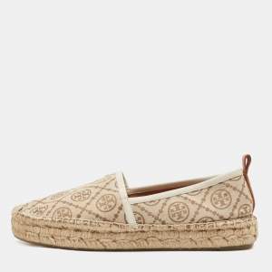 Pre Owned Tory Burch Brown/Beige T Monogram Canvas And Leather Espadrille Loafers Size 38.5