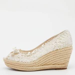 Pre Owned Tory Burch White Lace Jackie Peep Toe Espadrilles Wedge Sandal Size 39
