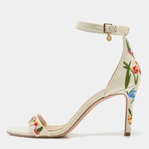 Pre Owned Tory Burch Off-White Embroidered Canvas Ankle Strap Sandals Size 39