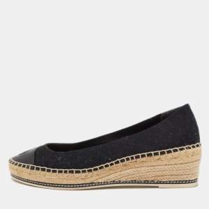 Pre Owned Tory Burch Black Canvas and Leather Wedge Espadrille Flats Size 39.5