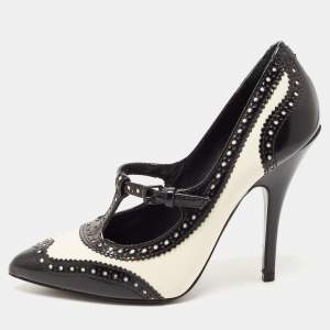 Pre Owned Tory Burch Black/White Brogue Leather Everly Pumps Size 39.5