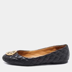 Pre Owned Tory Burch Black Quilted Leather Benton Ballet Flats Size 38.5