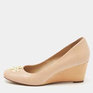 Pre Owned Tory Burch Beige Leather Lowell Wedge Pumps Size 38.5