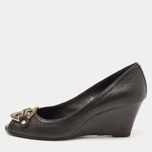 Pre Owned Tory Burch Black Leather Wedge Pumps Size 40