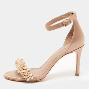 Pre Owned Tory Burch Beige Satin Embellished Logan Sandals Size 35.5