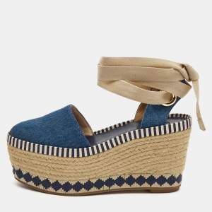 Pre Owned Tory Burch Blue Denim Dandy Ankle Wrap Espadrille Wedge Sandals Size 35.5