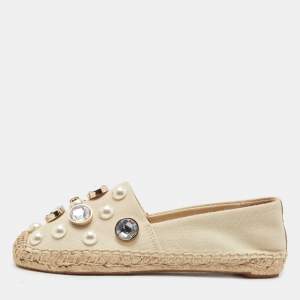 Pre Owned Tory Burch Beige Canvas Faux Pearl and Crystal Embellished Vail Espadrille Flats Size 36.5