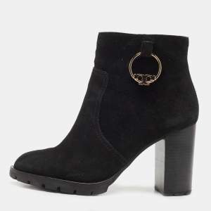 Pre Owned Tory Burch Black Suede Sofia Lugged Logo Charm Ankle Boots Size 39