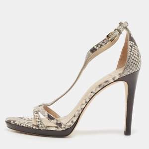Pre Owned Tory Burch Grey/Black Python Embossed Leather Shelley Sandals Size 38.5