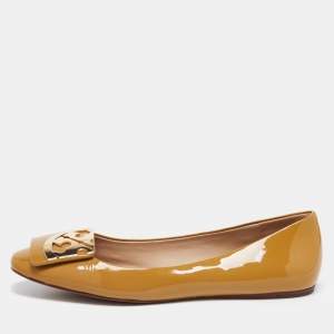 Pre Owned Tory Burch Brown Patent Leather Square Logo Ballet  Flats Size 39