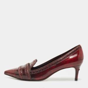 Pre Owned Tory Burch Red/Black Leather Eyelet Pointed Toe Kitten Heel Pumps Size 37.5