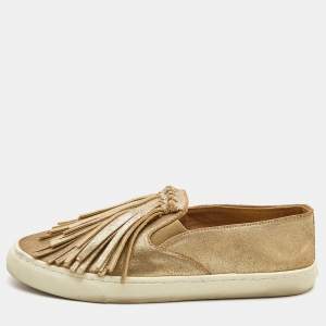 Tory Burch Metallic Gold Leather Fringe Slip On Sneakers Size 38.5