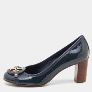 Pre Owned Tory Burch Blue Patent Leather Block Heel Pumps Size 37.5