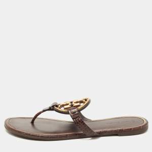 Pre Owned Tory Burch Burgundy Croc Embossed Leather Thong Flats Size 40.5