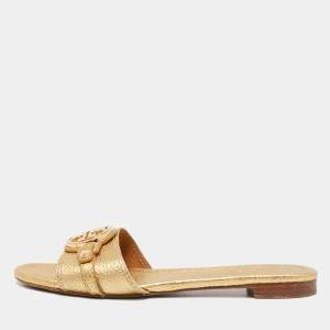 Tory Burch Gold Leather Logo Buckle Flat Slides Size 37