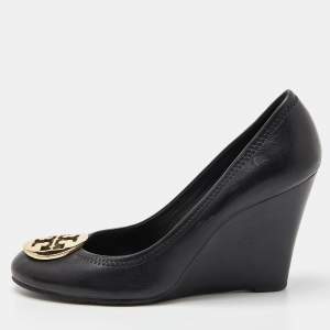Pre Owned Tory Burch Black Leather Sally Wedge Pumps Size 38.5