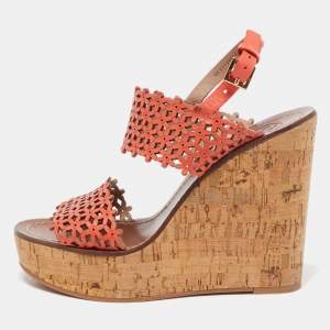 Pre Owned Tory Burch Orange Perforated Leather Daisy Cork Wedge Sandals Size 37