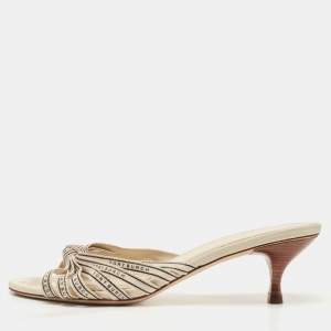 Pre Owned Tory Burch Cream Logo Print Canvas Ribbon Slide Sandals Size 38