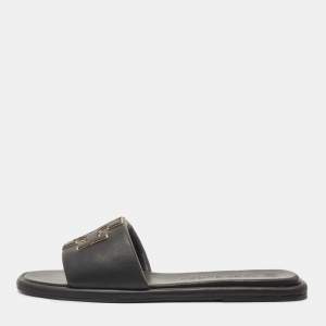 Pre Owned Tory Burch Black Leather Double T Flat Slides Size 41.5