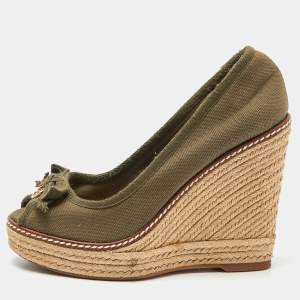 Pre Owned Tory Burch Green Canvas Jackie Espadrille Wedge Pumps Size 36