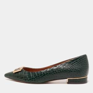 Pre Owned Tory Burch Green Croc Embossed Leather Pointed Toe Ballet Flats Size 36