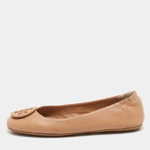 Pre Owned Tory Burch Beige Leather Minnie Scrunch Ballet Flats Size 37.5