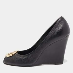 Pre Owned Tory Burch Black Leather Sophie Peep Toe Wedge Pumps Size 37.5