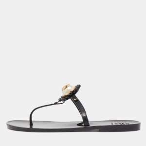 Pre Owned Tory Burch Black Jelly Logo Pearl Melody Flat Thong Sandals Size 38