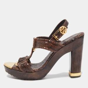 Tory Burch Brown Python Embossed Leather Slingback Sandals Size 38