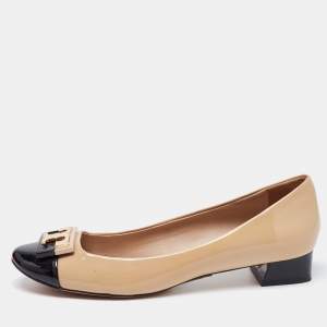 Pre Owned Tory Burch Beige/Black Patent Cap Toe Gigi Pumps Size 40.5
