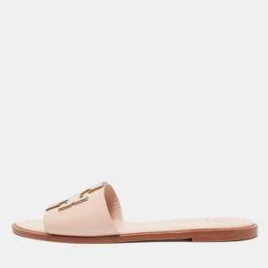 Tory Burch Pink Leather Logo Flat Slides Size 39
