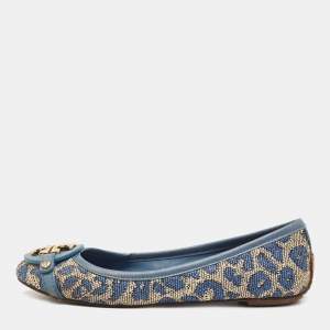 Pre Owned Tory Burch Blue Raffia and Leather Minnie Ballet Flats Size 36.5