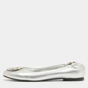 Pre Owned Tory Burch Silver Leather Lowell Scrunch Ballet Flats Size 36.5