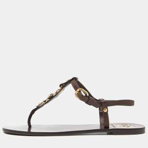Tory Burch Brown Studded Leather T Strap Thong Flat Sandals Size 38.5