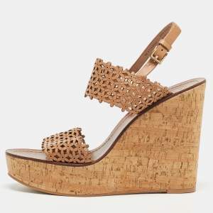 Pre Owned Tory Burch Brown Leather Daisy Wedge Sandals Size 41
