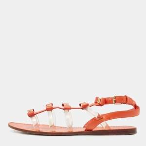 Pre Owned Tory Burch Orange Leather and PVC Kira Bow Flat Sandals Size 41.5 