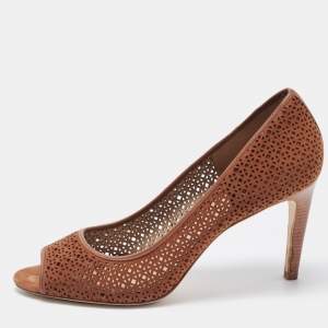 Pre Owned Tory Burch Brown Laser Cut Suede Peep Toe Pumps Size 41