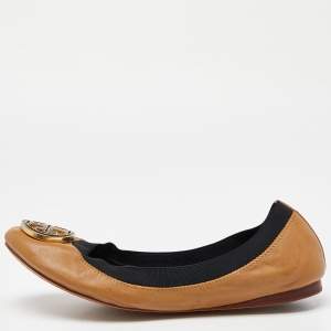 Pre Owned Tory Burch Beige/Black Leather Caroline Scrunch Ballet Flats Size 39.5