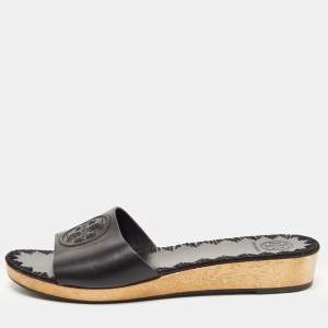 Pre Owned Tory Burch Black Leather Aerin Slide Flats Size 38