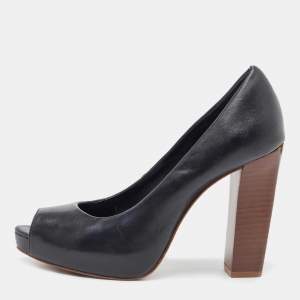 Pre Owned Tory Burch Black Leather Cantrelle Peep Toe Platform Pumps  Size 37.5