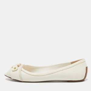 Tory Burch Off White Leather Cline Peep Toe Flats Size 38