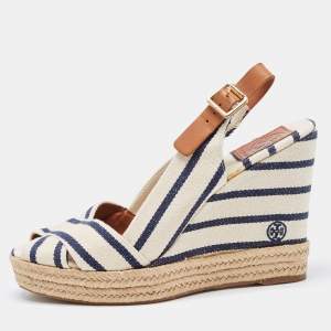 Tory Burch Navy Blue/White Striped Canvas Espadrille Wedge Sandals Size 39