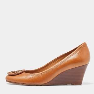 Pre Owned Tory Burch Brown Leather Sally Wedge Pumps Size 36