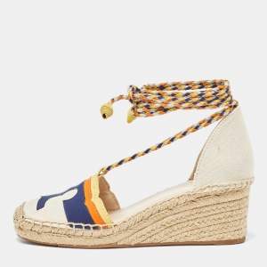 Tory Burch Multicolor Canvas and Nubuck Laguna Espadrille Wedge Sandals 35.5