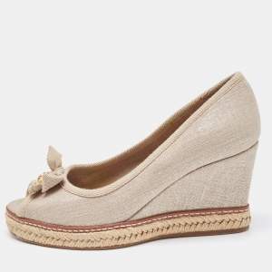 Pre Owned Tory Burch Grey Canvas Jackie Bow Espadrille Wedge Pumps Size 37