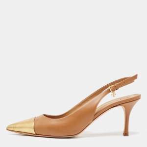Pre Owned Tory Burch Brown/Gold Leather Penelope Slingback Pumps Size 38