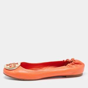 Tory Burch Orange Leather Minnie Scrunch Ballet Flats Size 36.5 