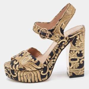 Pre Owned Tory Burch Gold/Black Brocade Fabric Loretta Sandals Size 36