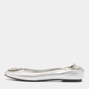 Pre Owned Tory Burch Metallic Silver Leather Reva Scrunch Ballet Flats Size 39